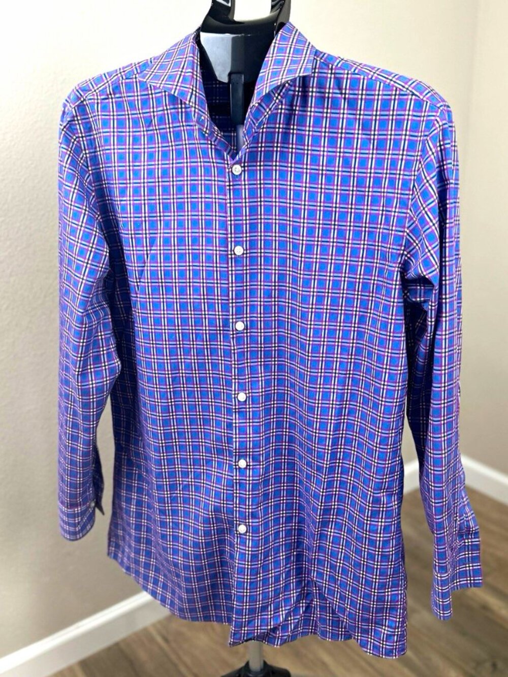 BOSS Hugo Boss Men’s 16 32/33 Blue Purple Plaid 100% Cotton Slim Fit Shirt